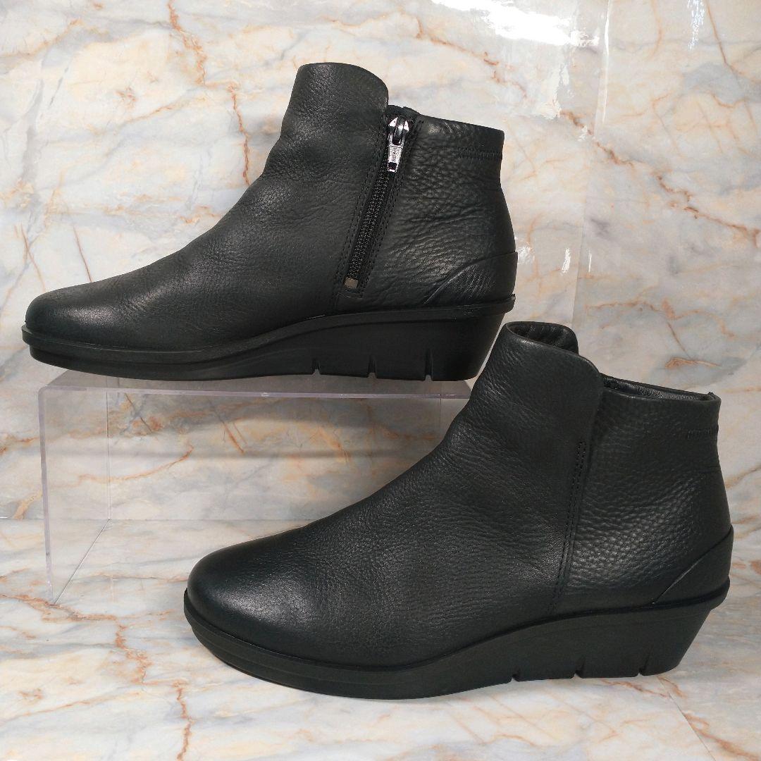 美品 ECCO 本革 ショートブーツ サイドジップ シボ革 黒 38