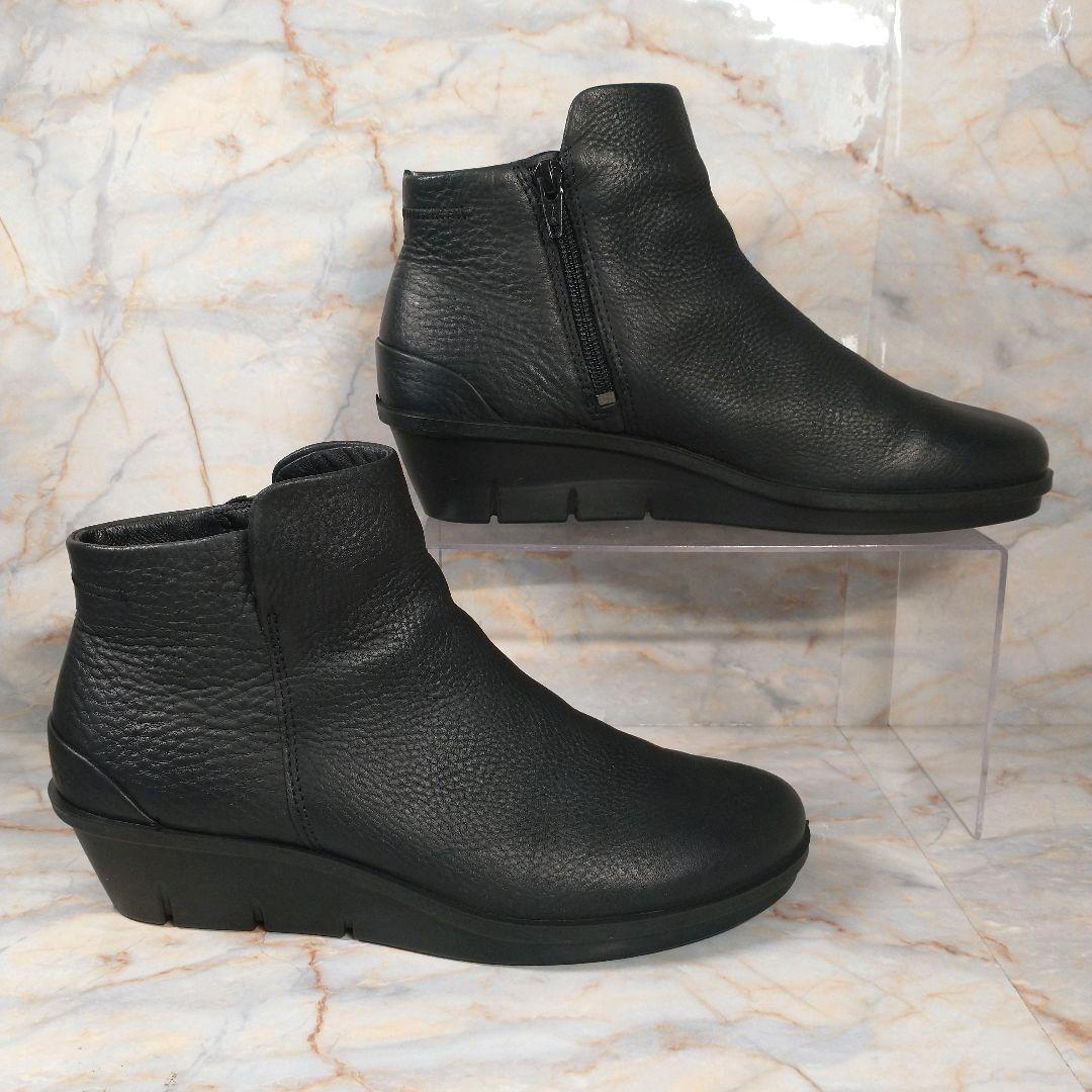 美品 ECCO 本革 ショートブーツ サイドジップ シボ革 黒 38