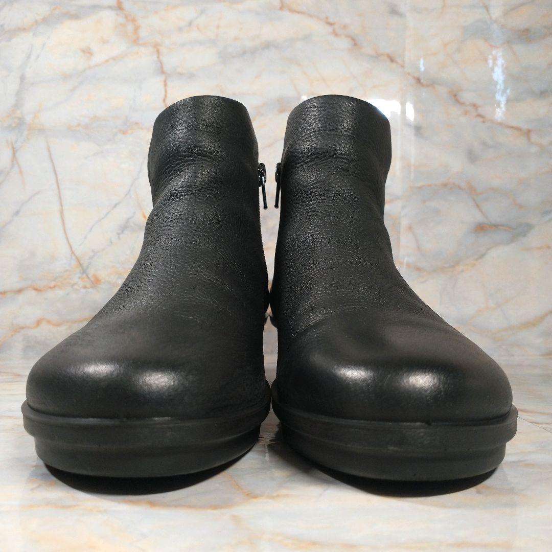 美品 ECCO 本革 ショートブーツ サイドジップ シボ革 黒 38