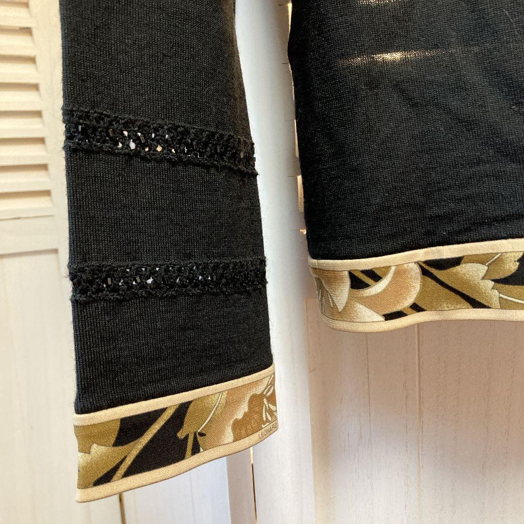 【美品】レオナール カーディガン フラワートリム ビーズ刺繍 黒 花柄LL