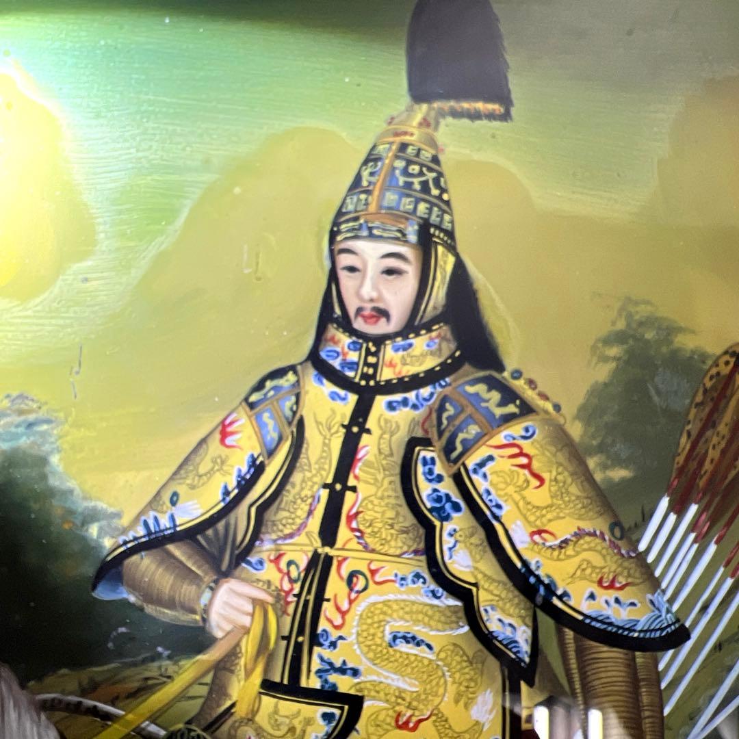 専用　中国古玩　中国人物馬図　ガラス絵　金具込縦56㎝　東Y8-0205☆2F