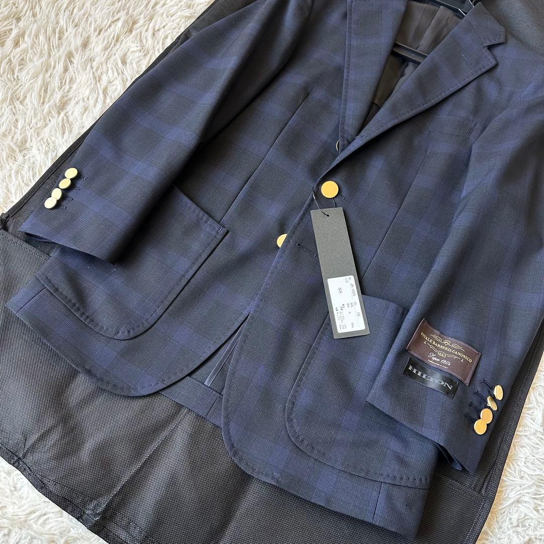 新品未使用✨紺ブレ　HILTON　カノニコ生地　金ボタン　チェック　青　段返り
