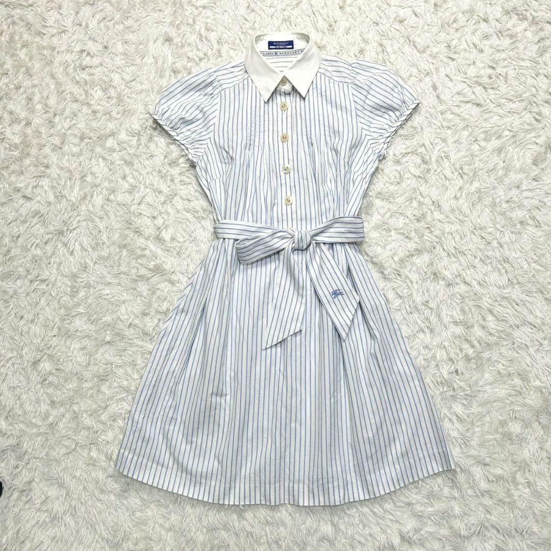 【美品】バーバリーブルーレーベル シャツワンピース ストライプ ベルト付 白×青