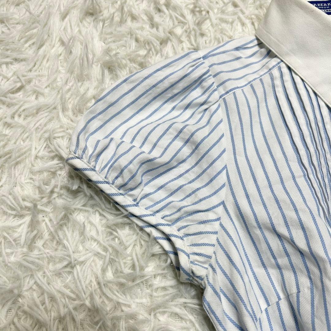 【美品】バーバリーブルーレーベル シャツワンピース ストライプ ベルト付 白×青
