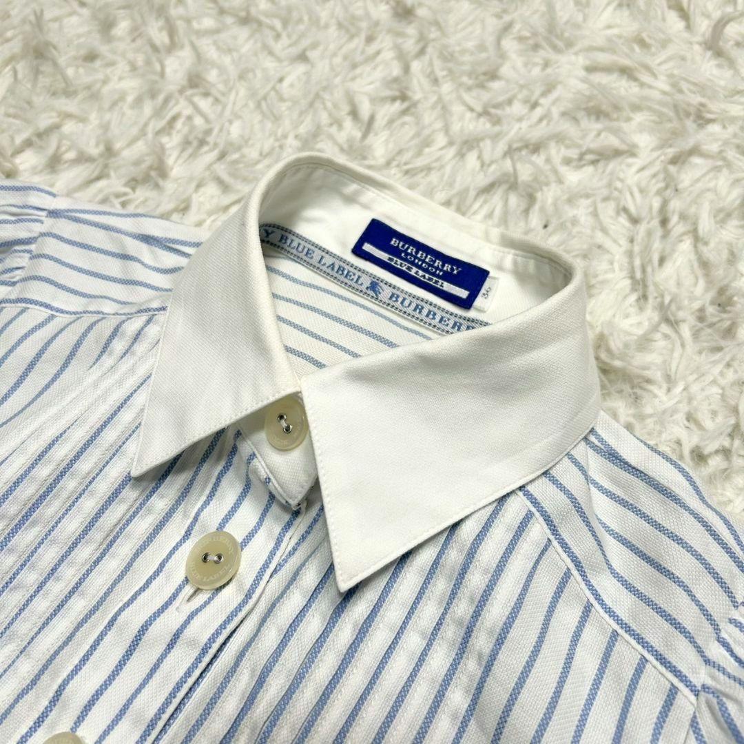 【美品】バーバリーブルーレーベル シャツワンピース ストライプ ベルト付 白×青