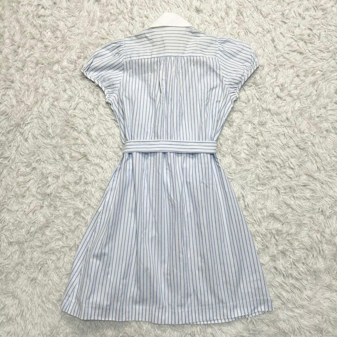 【美品】バーバリーブルーレーベル シャツワンピース ストライプ ベルト付 白×青