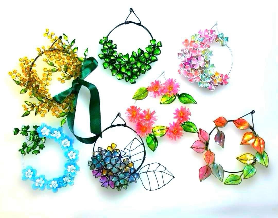 happy flowerミニリース7点セット　ディップアート　ワイヤークラフト