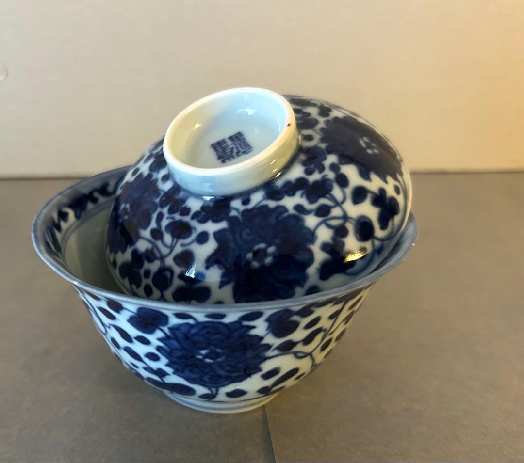 手書き 蓋碗　良質磁器 薄造り 中国美術 唐物 清朝 清代 青花 染付 中国茶器