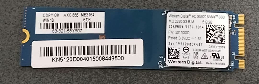 【動作確認済】ウエスタンデジタル NVMe M.2 SSD 512GB