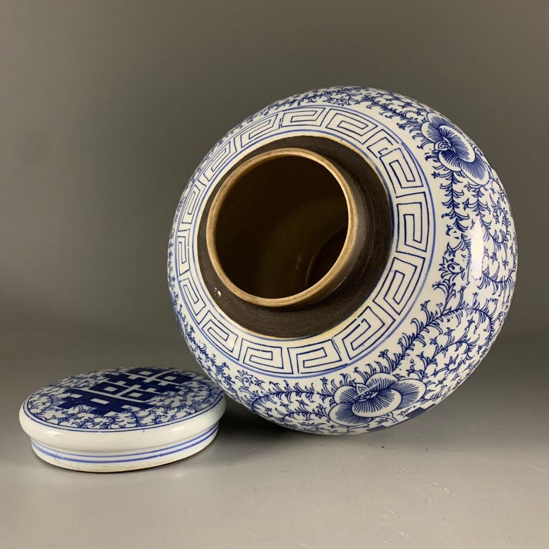 青花喜字缶 茶缶 茶道具 景徳鎮 陶磁器 装飾品 現代工芸品 美術品 置物