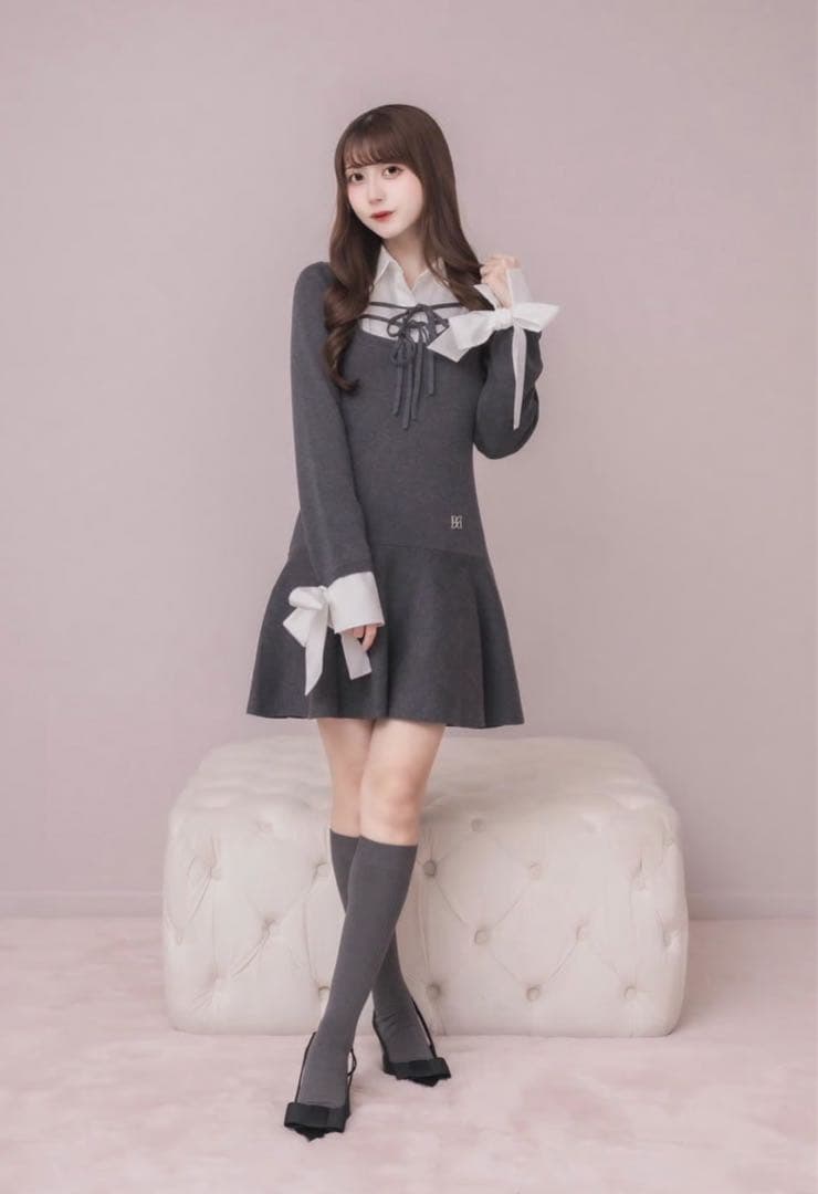 dolceliche シャツレイヤードミニニットワンピース　チャコールグレー