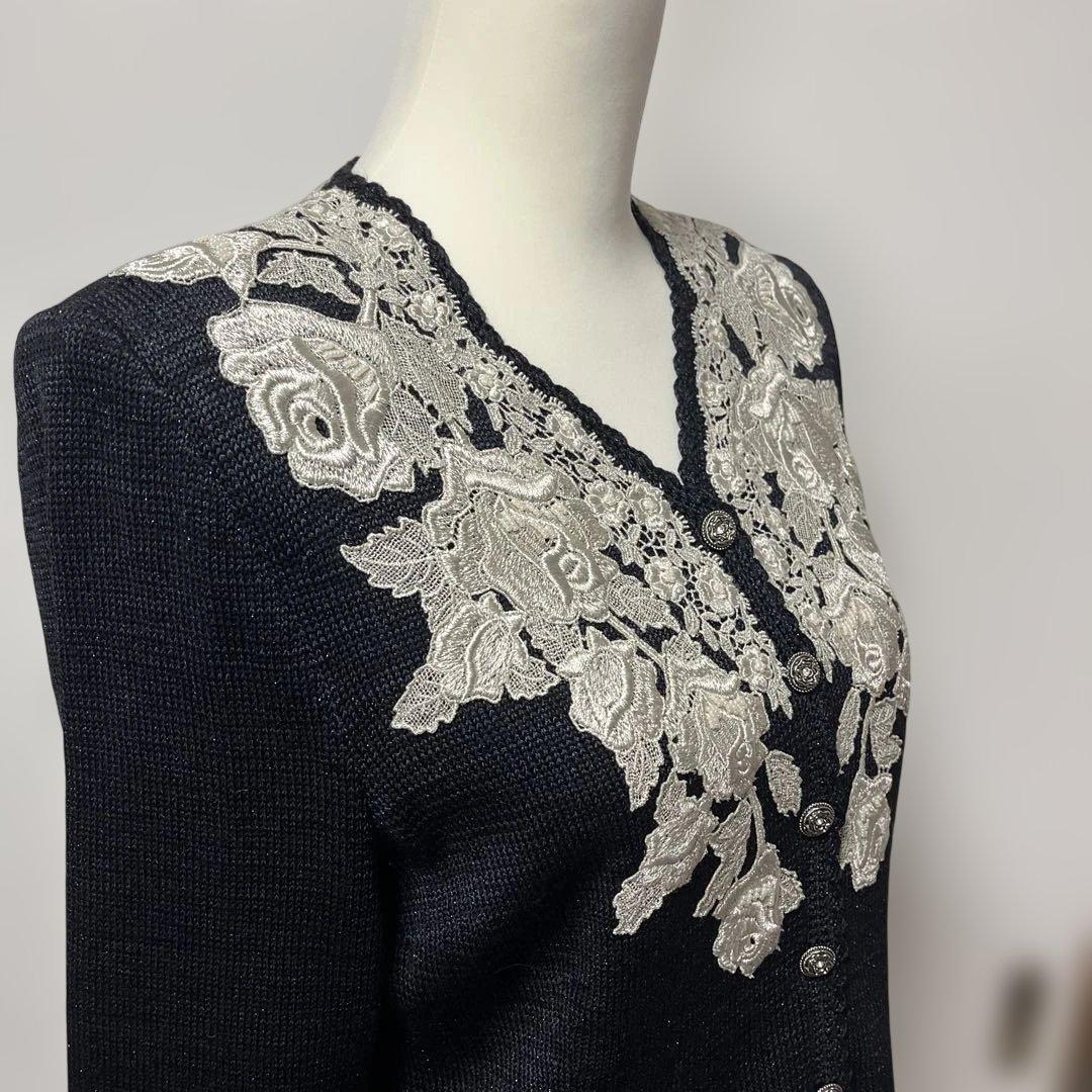 希少【ソワレドヒロミ】ハンドメイド バラ刺繍 ニットカーディガン 絹混 M 黒