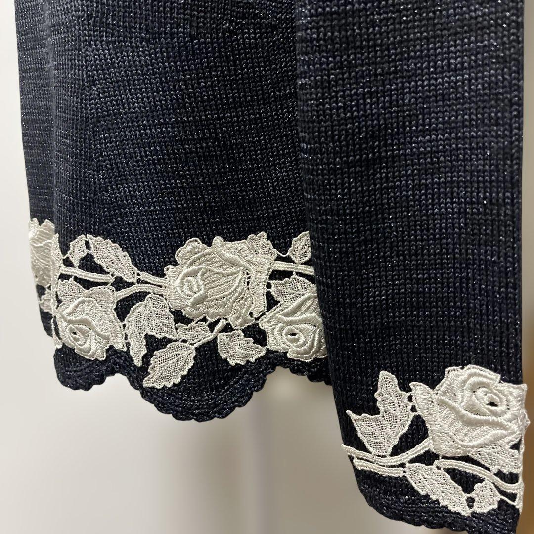 希少【ソワレドヒロミ】ハンドメイド バラ刺繍 ニットカーディガン 絹混 M 黒