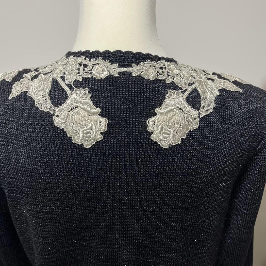 希少【ソワレドヒロミ】ハンドメイド バラ刺繍 ニットカーディガン 絹混 M 黒