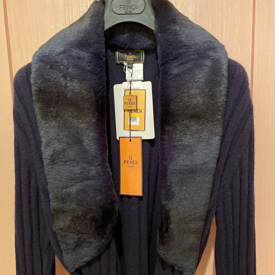 FENDI ファー付きリブ編みカーディガンベルト有り ネイビー 44