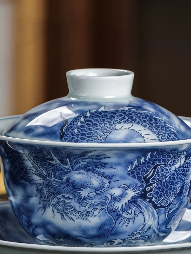 景徳鎮 青花磁器竜紋三才蓋碗 煎茶器 新品未使用