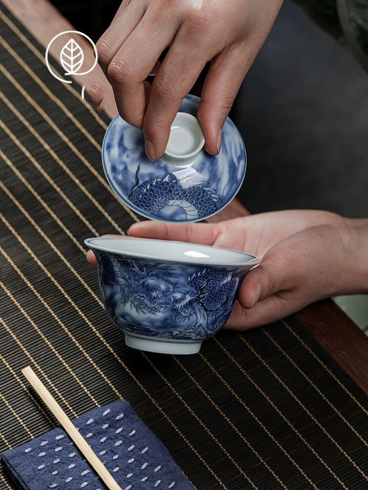 景徳鎮 青花磁器竜紋三才蓋碗 煎茶器 新品未使用