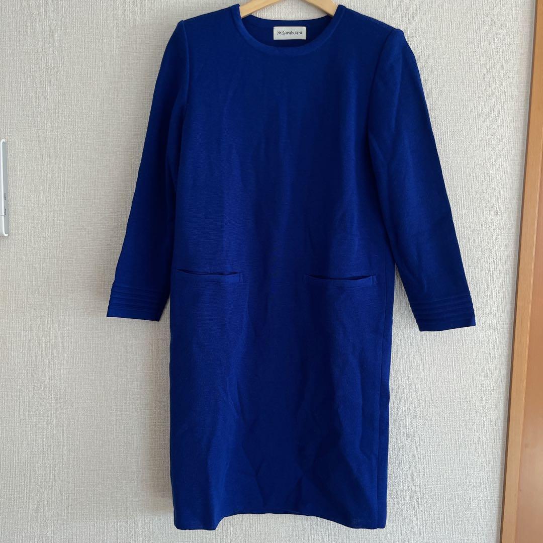 Yves Saint Laurent ロゴ入り ニットワンピース M ブルー