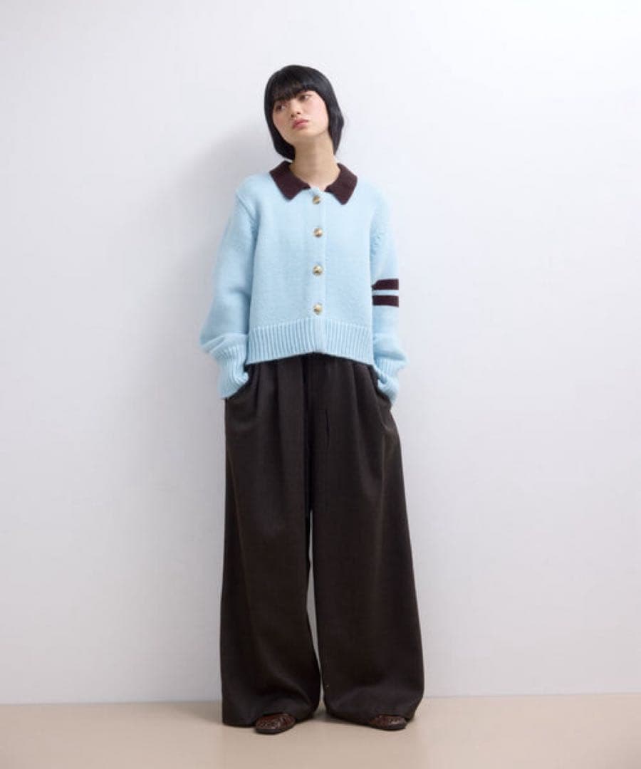 アダムエロペ ポロニットカーディガン　F サックス