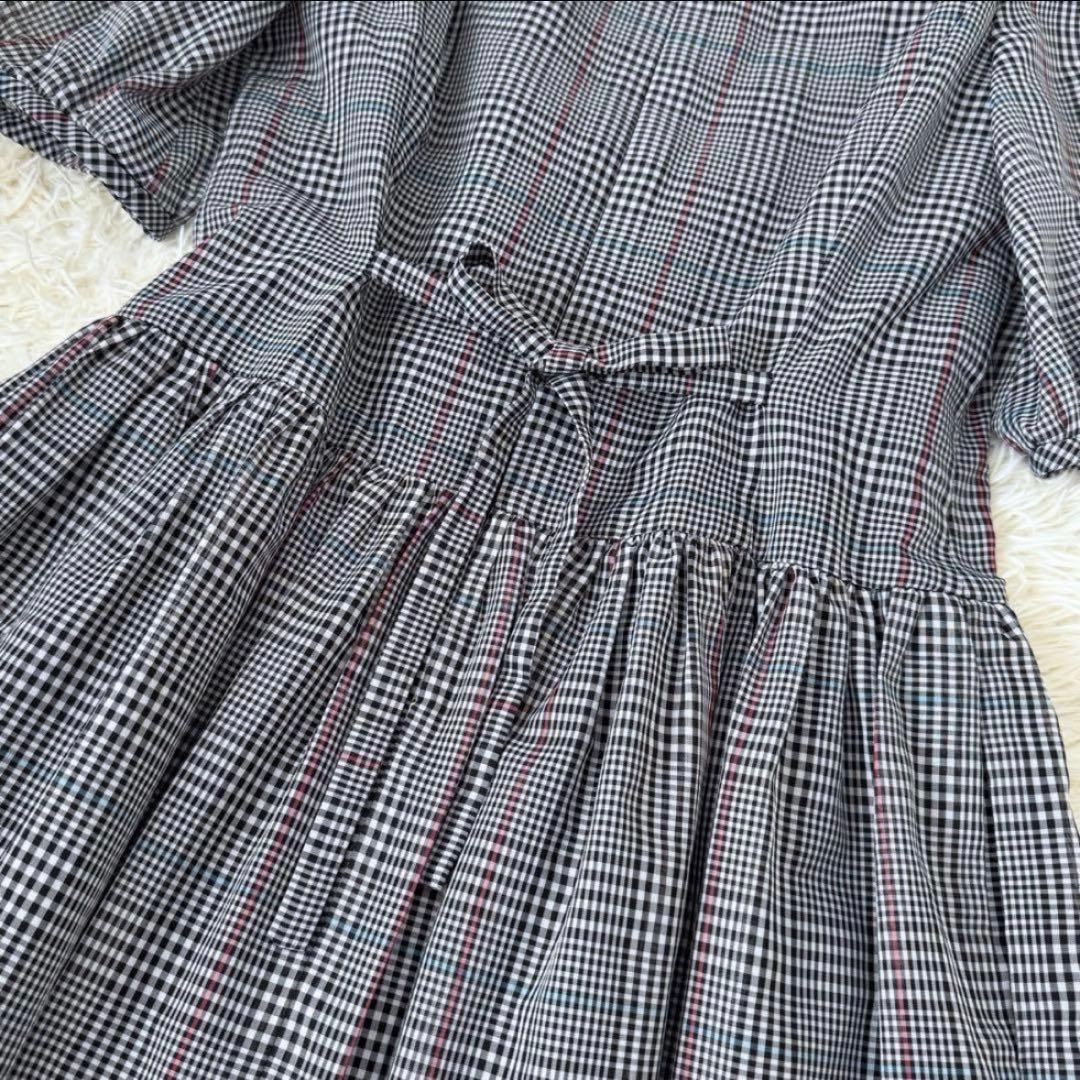希少✨エムズグレイシー バックリボン シアーチェックワンピース 38 ギャザー
