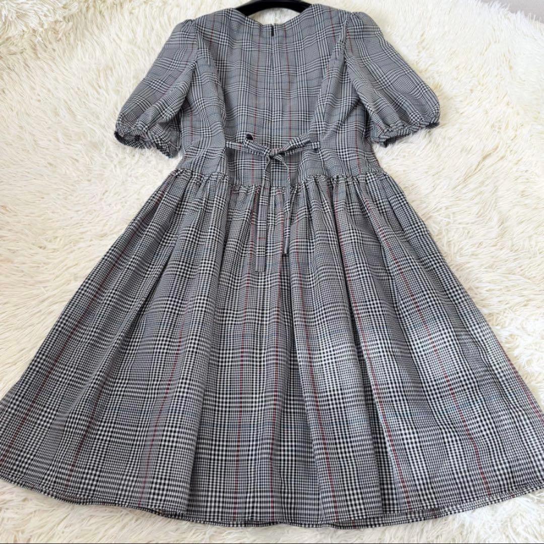 希少✨エムズグレイシー バックリボン シアーチェックワンピース 38 ギャザー