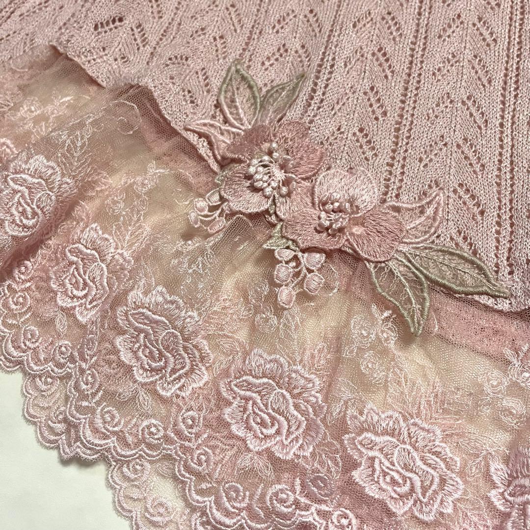 極美品♪アトリエまりこ レース襟 カーディガン お花刺繍 透かし編み ピンク