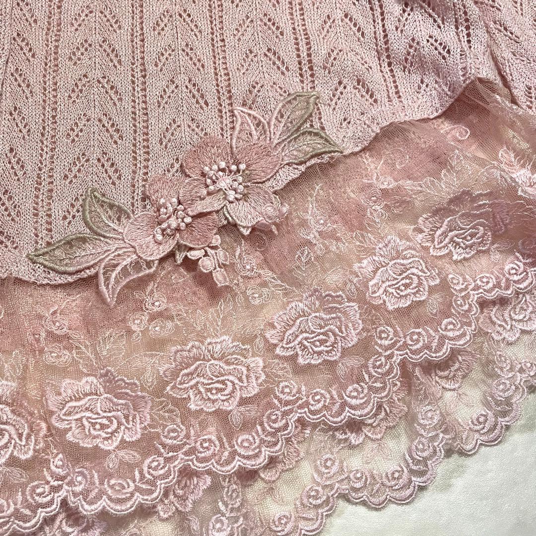 極美品♪アトリエまりこ レース襟 カーディガン お花刺繍 透かし編み ピンク