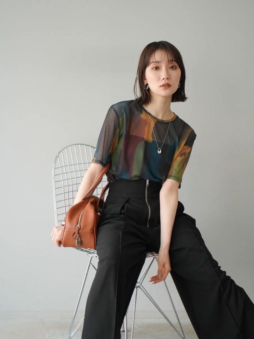 ameri様 水彩アートシアーTシャツ 総柄シアー半袖プルオーバー Lumier