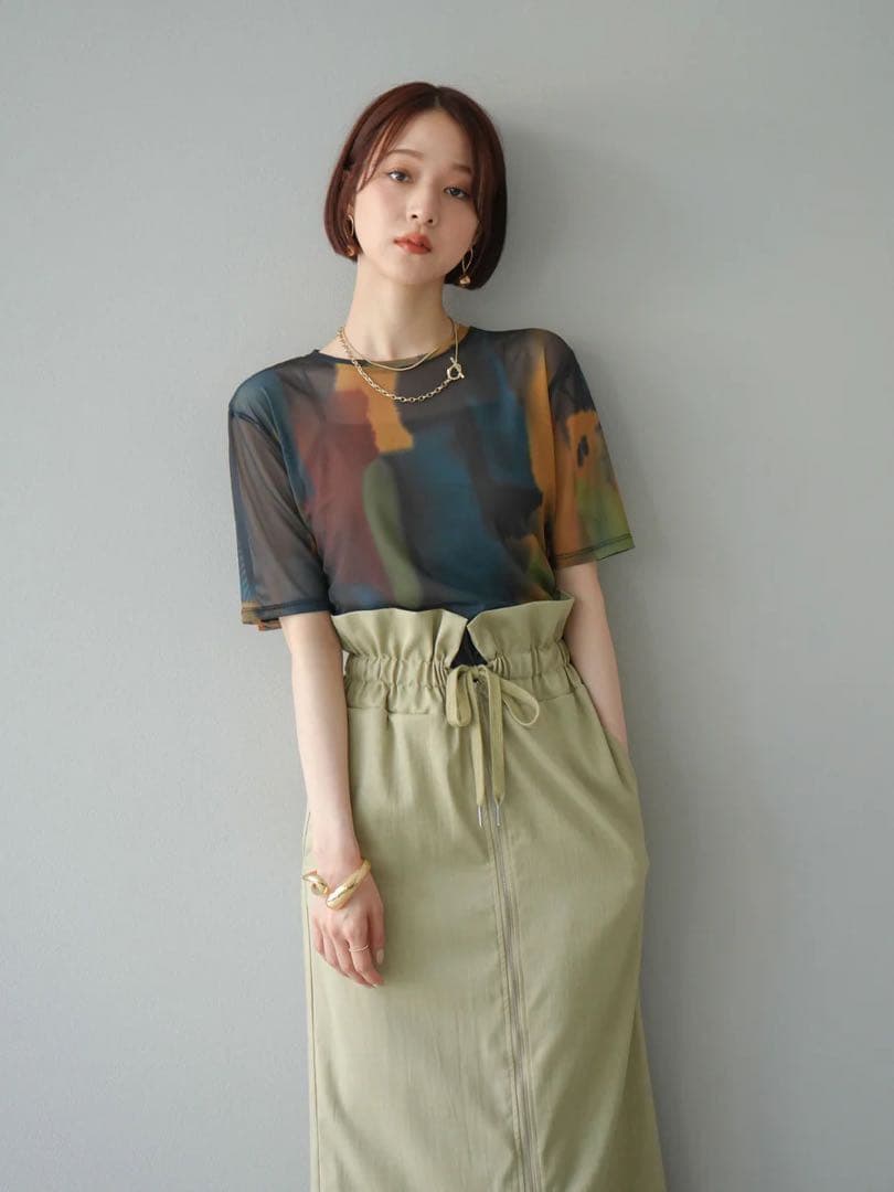 ameri様 水彩アートシアーTシャツ 総柄シアー半袖プルオーバー Lumier