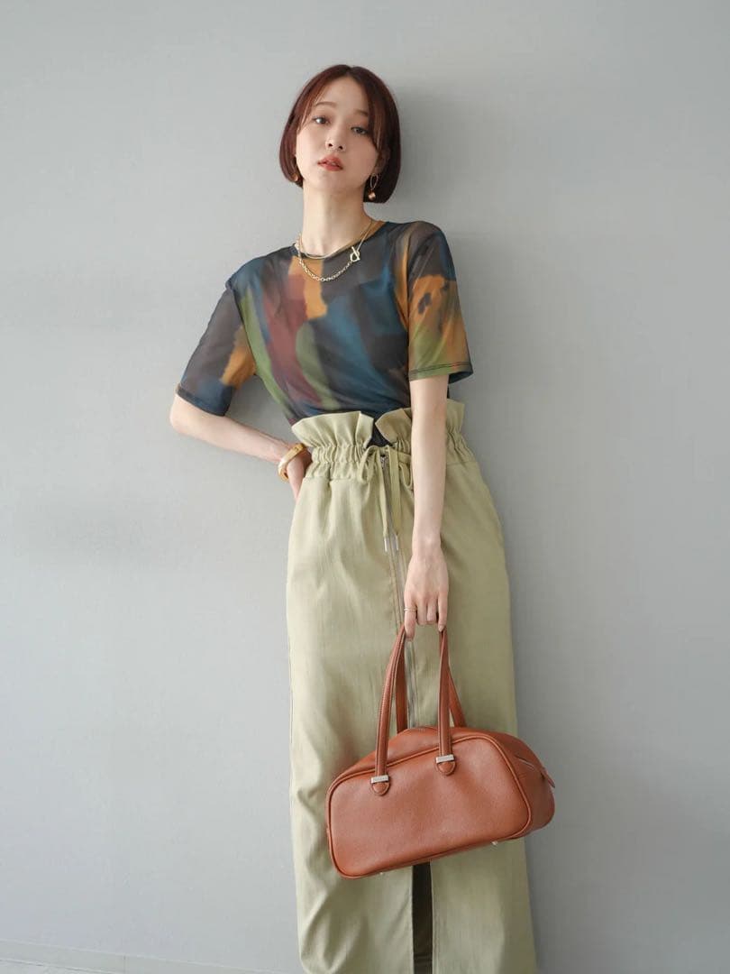 ameri様 水彩アートシアーTシャツ 総柄シアー半袖プルオーバー Lumier