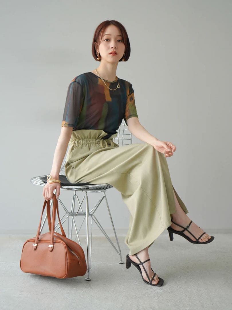 ameri様 水彩アートシアーTシャツ 総柄シアー半袖プルオーバー Lumier