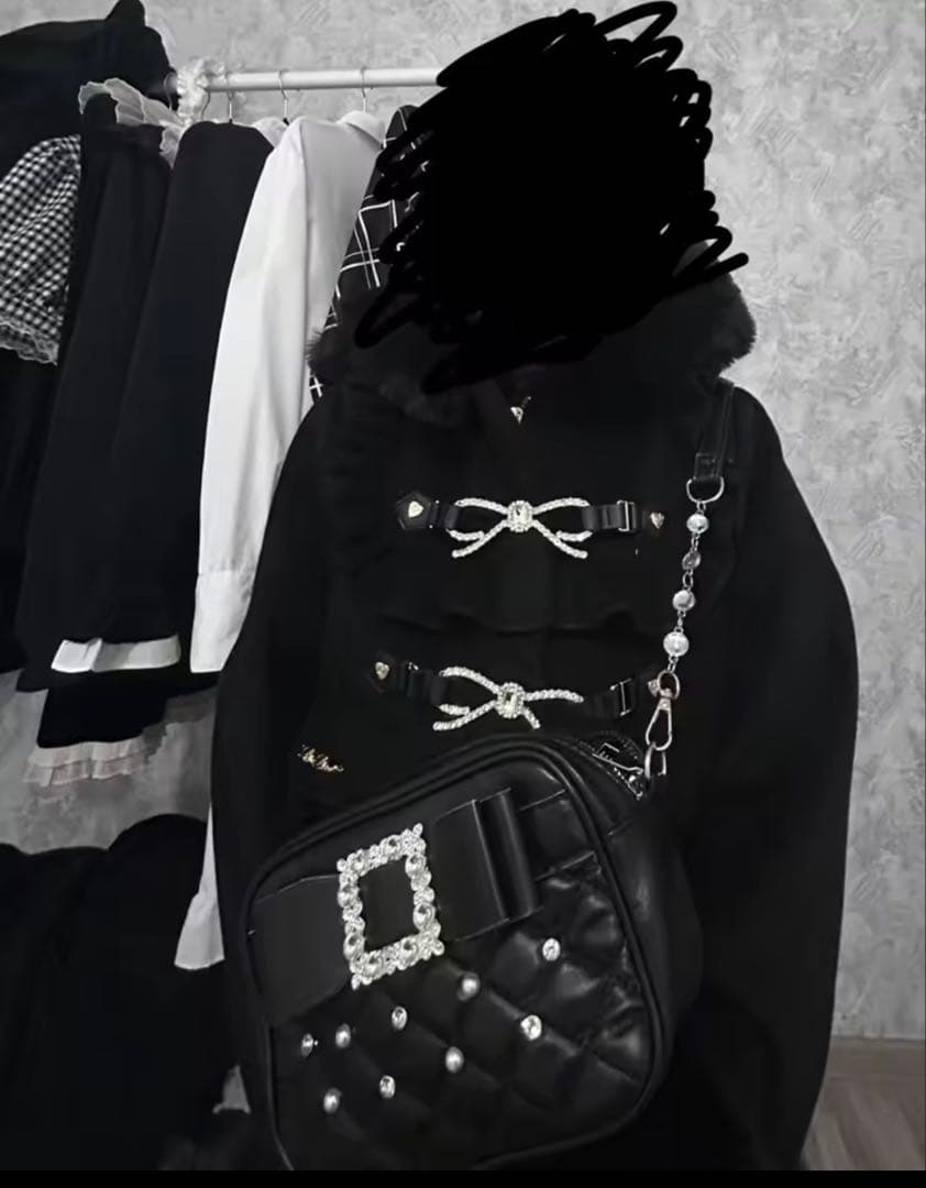 LIZLISA ビジューリボンショートフードコート　ブラック