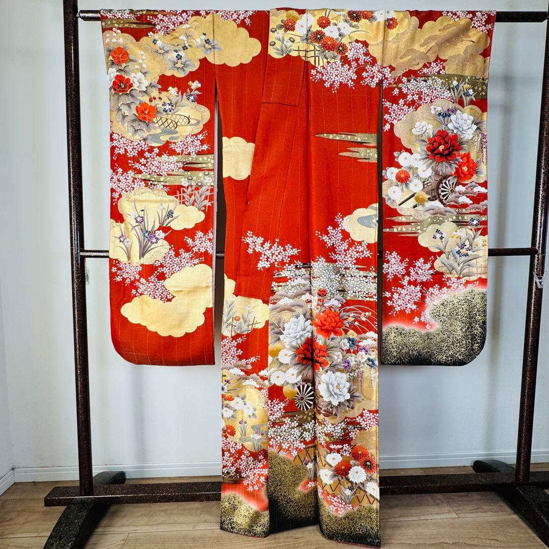 超美品　袷　広襟　振袖　現代　振袖　成人式　着物　橙　金　全通し　165裄68