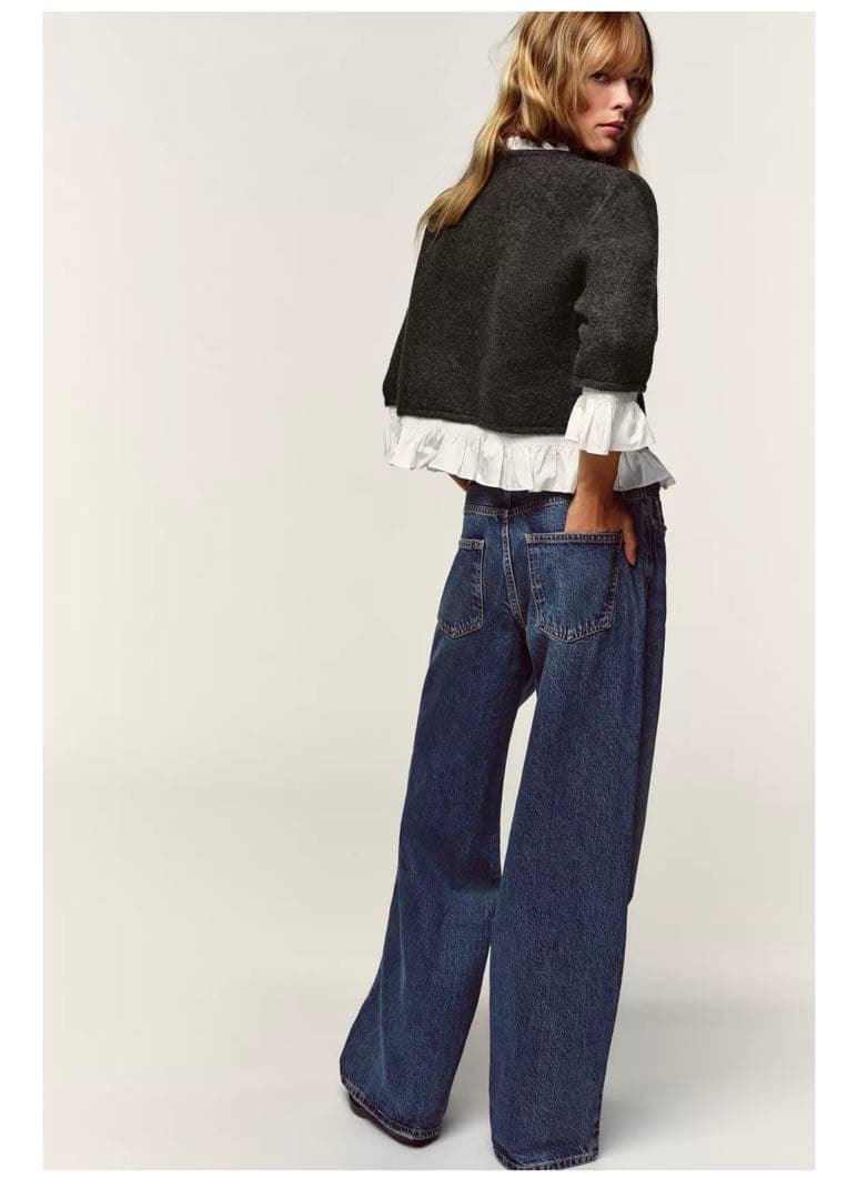 ZARA グレー フリル付きカーディガン