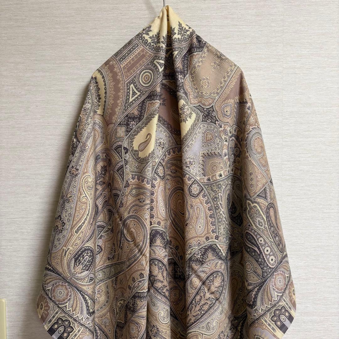 エトロ ETRO 大判 ストール ペイズリー 正方形 ウール シルク ベージュ