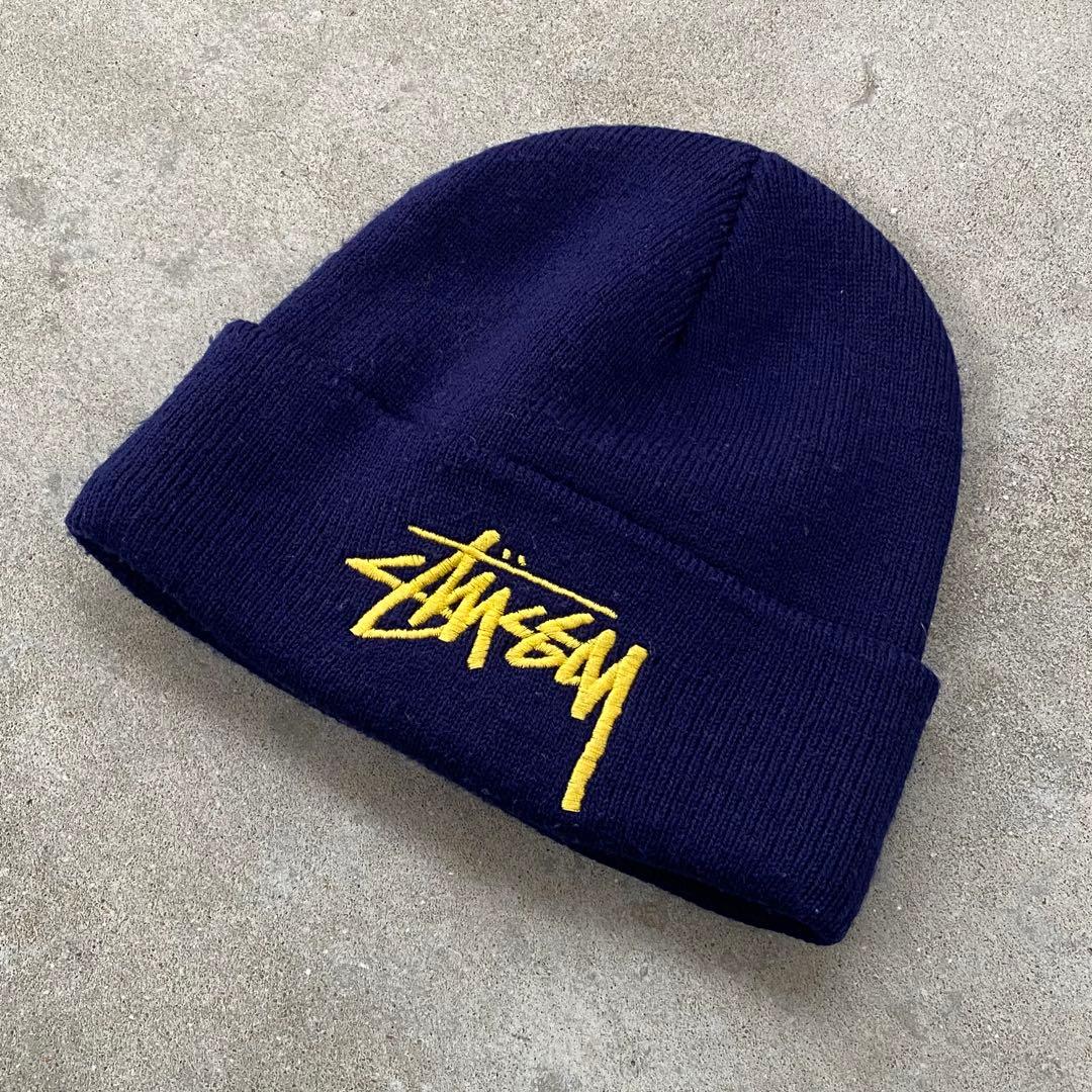 stussy ニット帽 ビーニー supreme 青 ネイビー 黄色 ロゴ