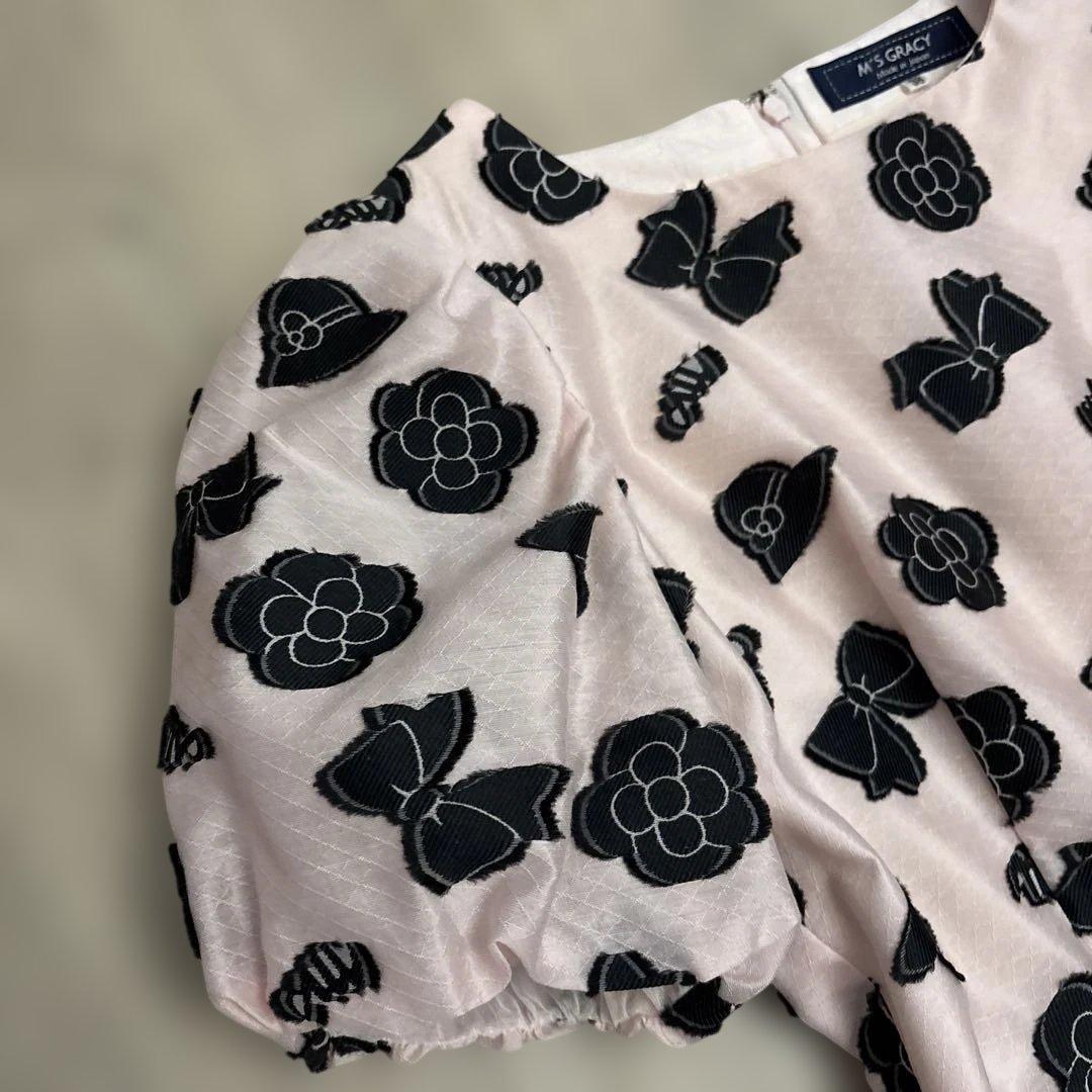 【美品】M'S GRACY エムズグレイシー カメリア リボン柄 ワンピース38