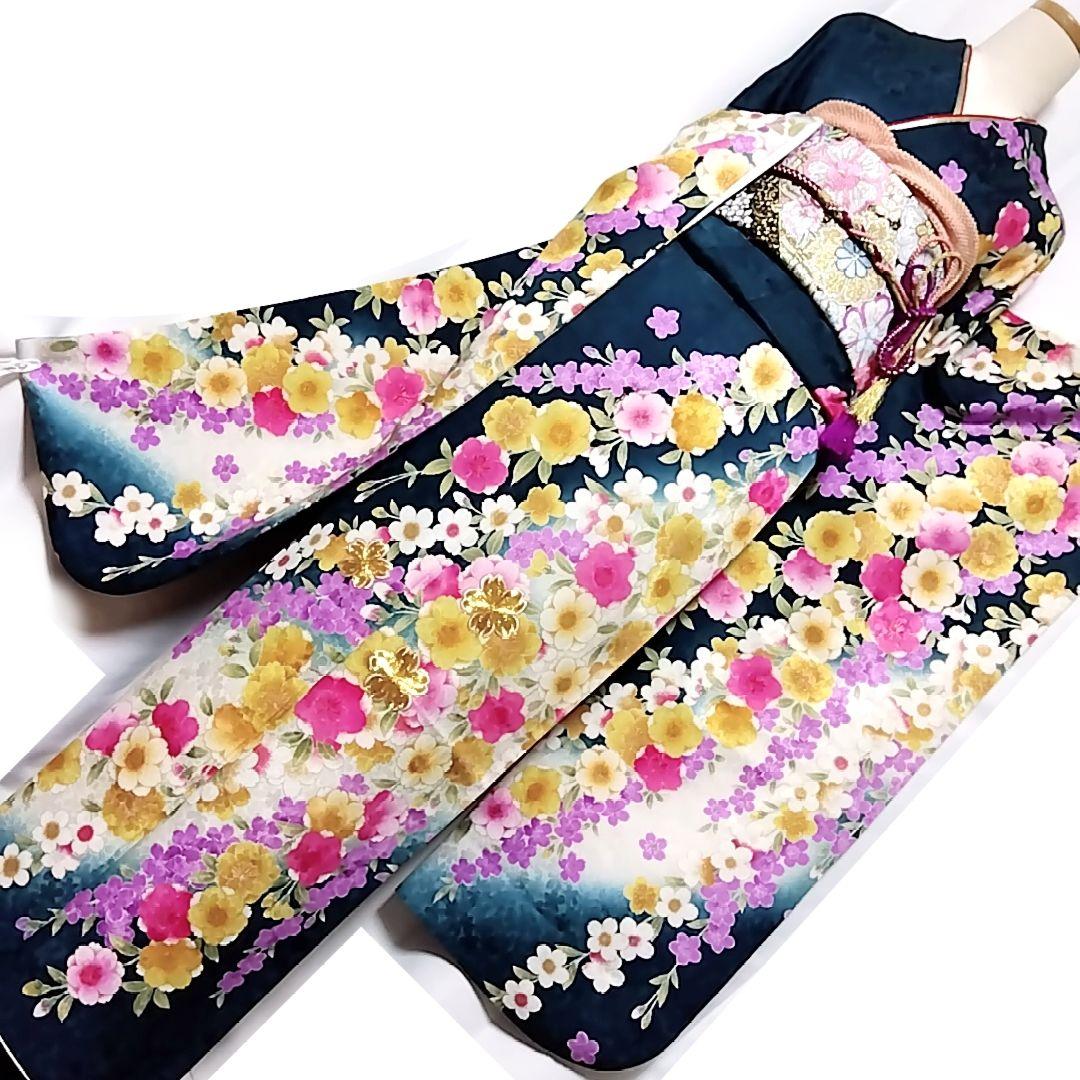 振り袖 フルセット 正絹 緑 地紋 重ね衿 振袖 駒刺繍