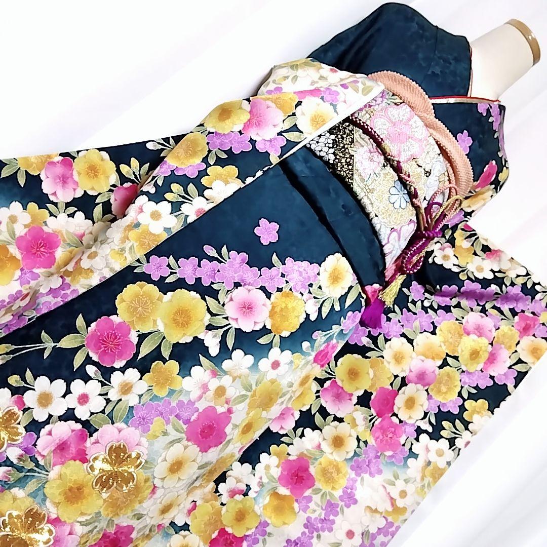 振り袖 フルセット 正絹 緑 地紋 重ね衿 振袖 駒刺繍