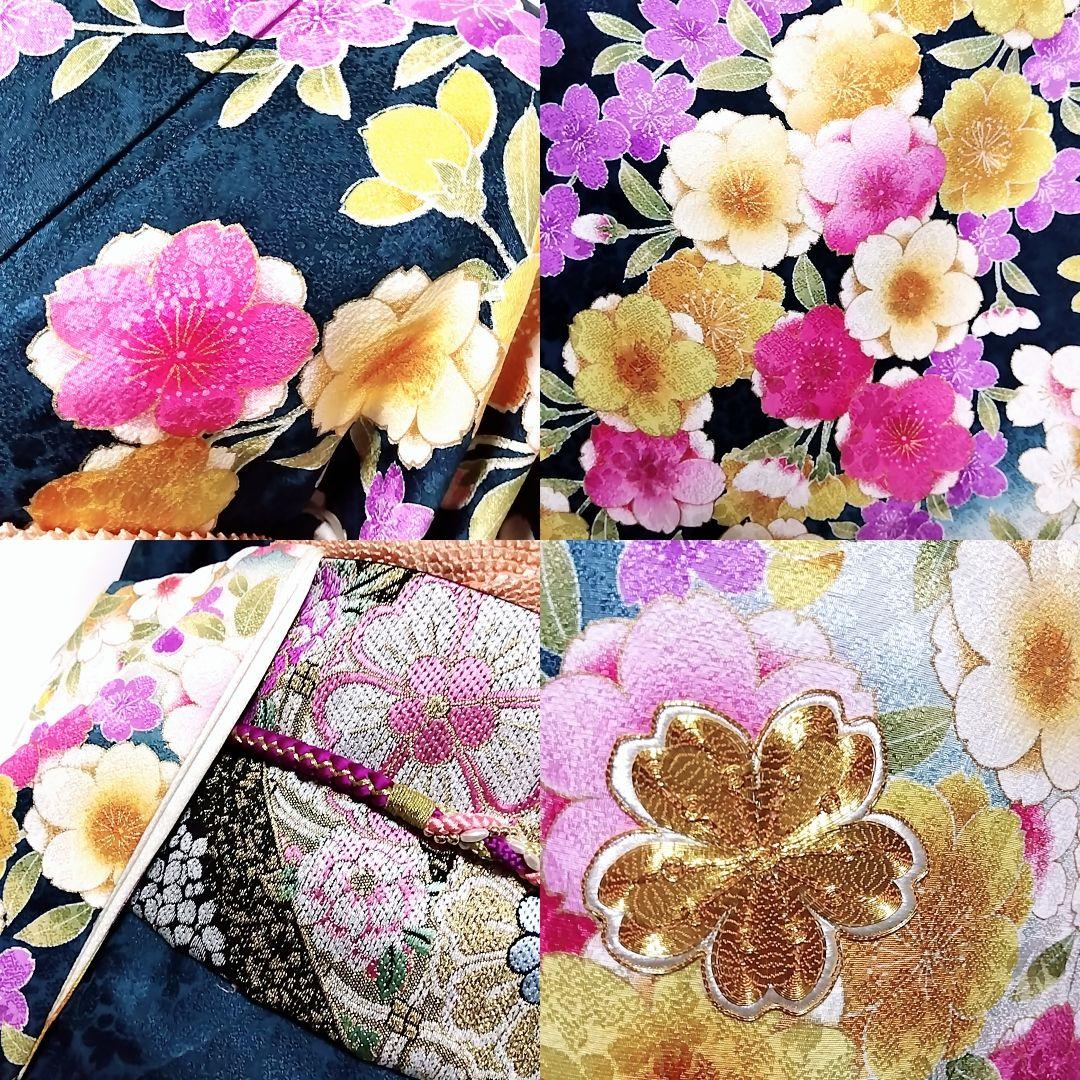 振り袖 フルセット 正絹 緑 地紋 重ね衿 振袖 駒刺繍