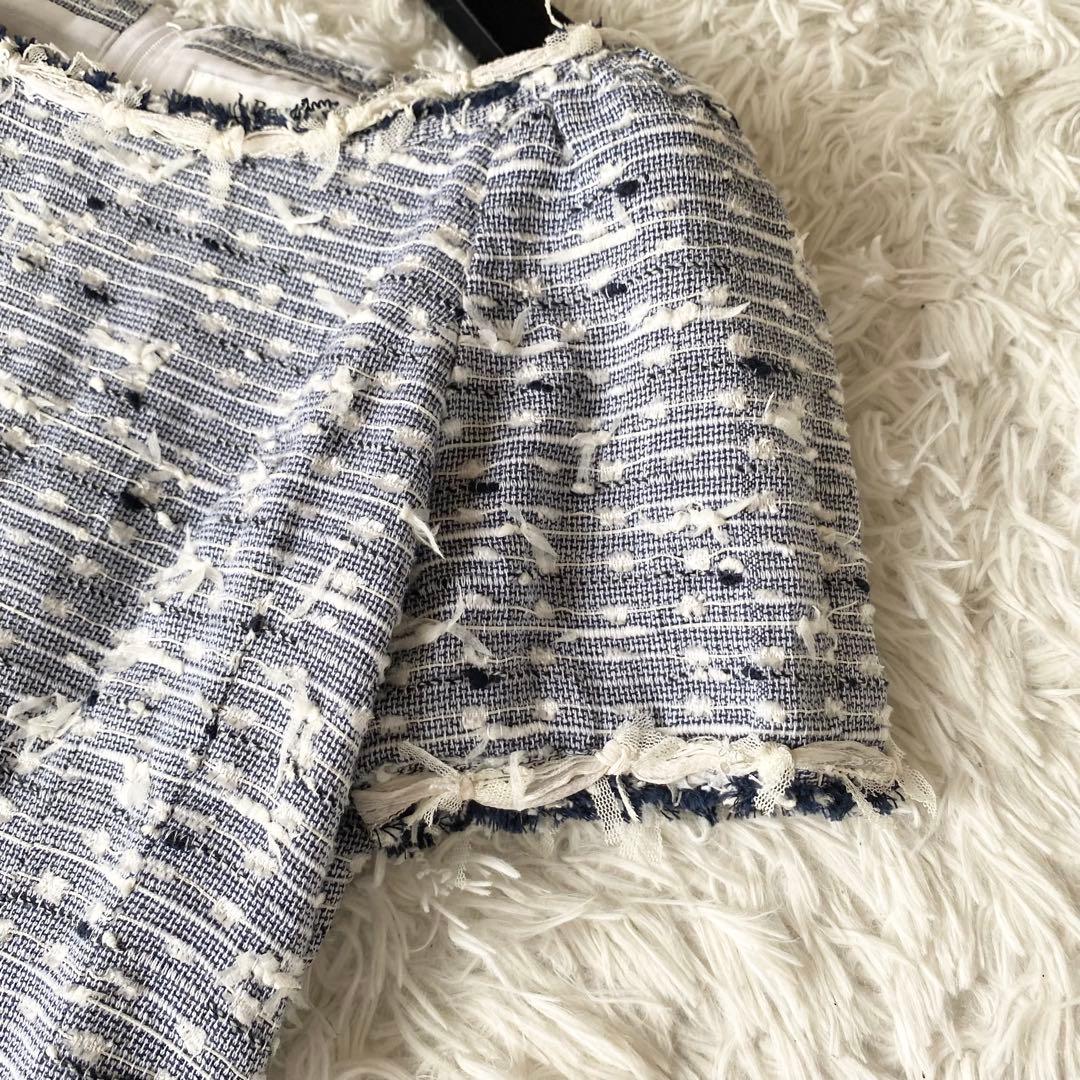 美品*Rene 高級TISSUE ツイードワンピース ひざ丈 フリンジ ブルー
