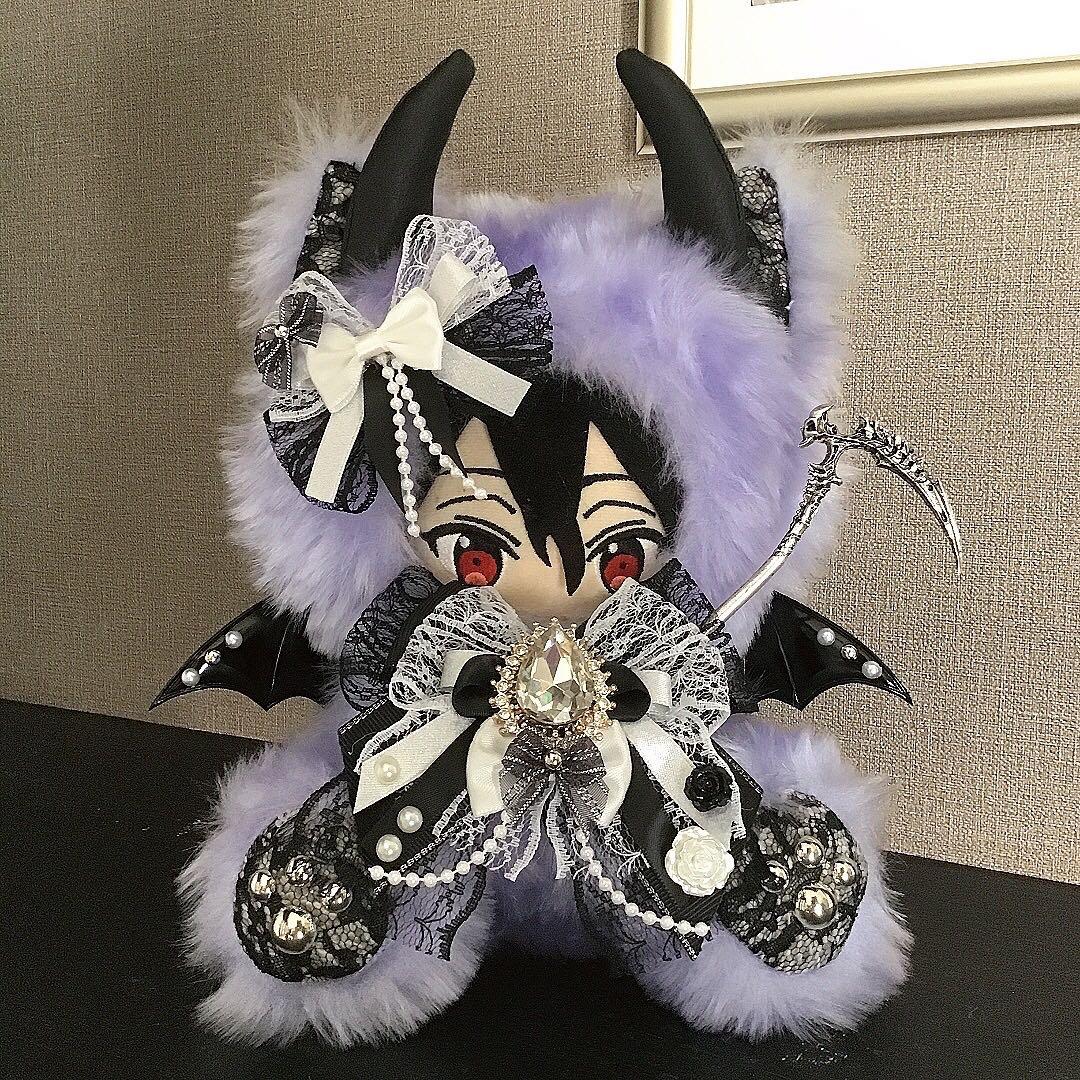 【110】おすわり　ねこ　悪魔　ぬい服　16cm 着ぐるみ　薄紫　ファー