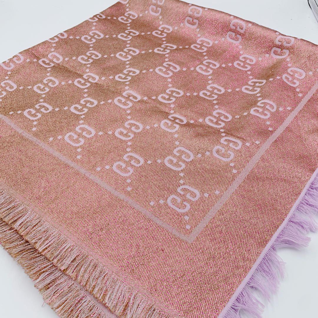 GUCCI グッチ　ストール　GGロゴ　リバーシブル　ピンク　シルク　90×90