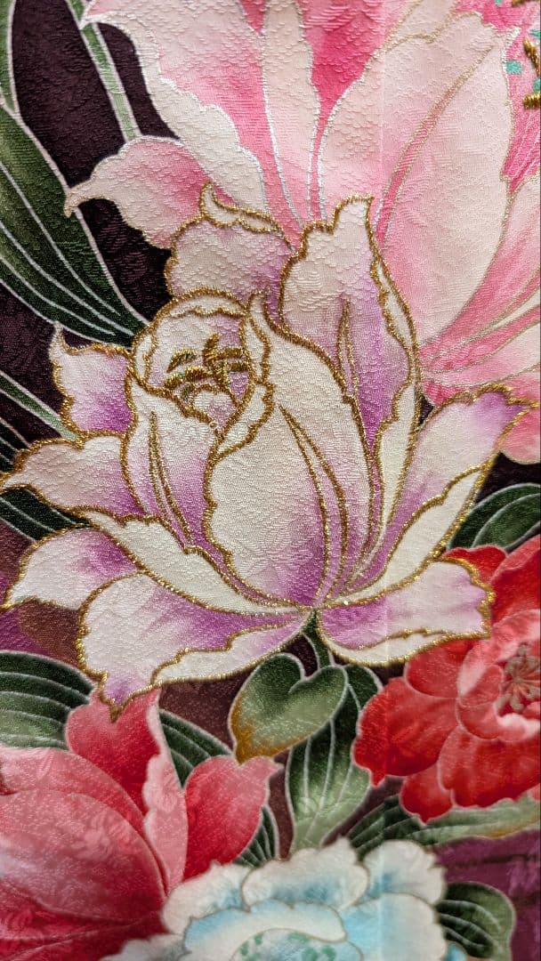 【振袖】花柄 黒茶 振袖Ｌ〜LLサイズ