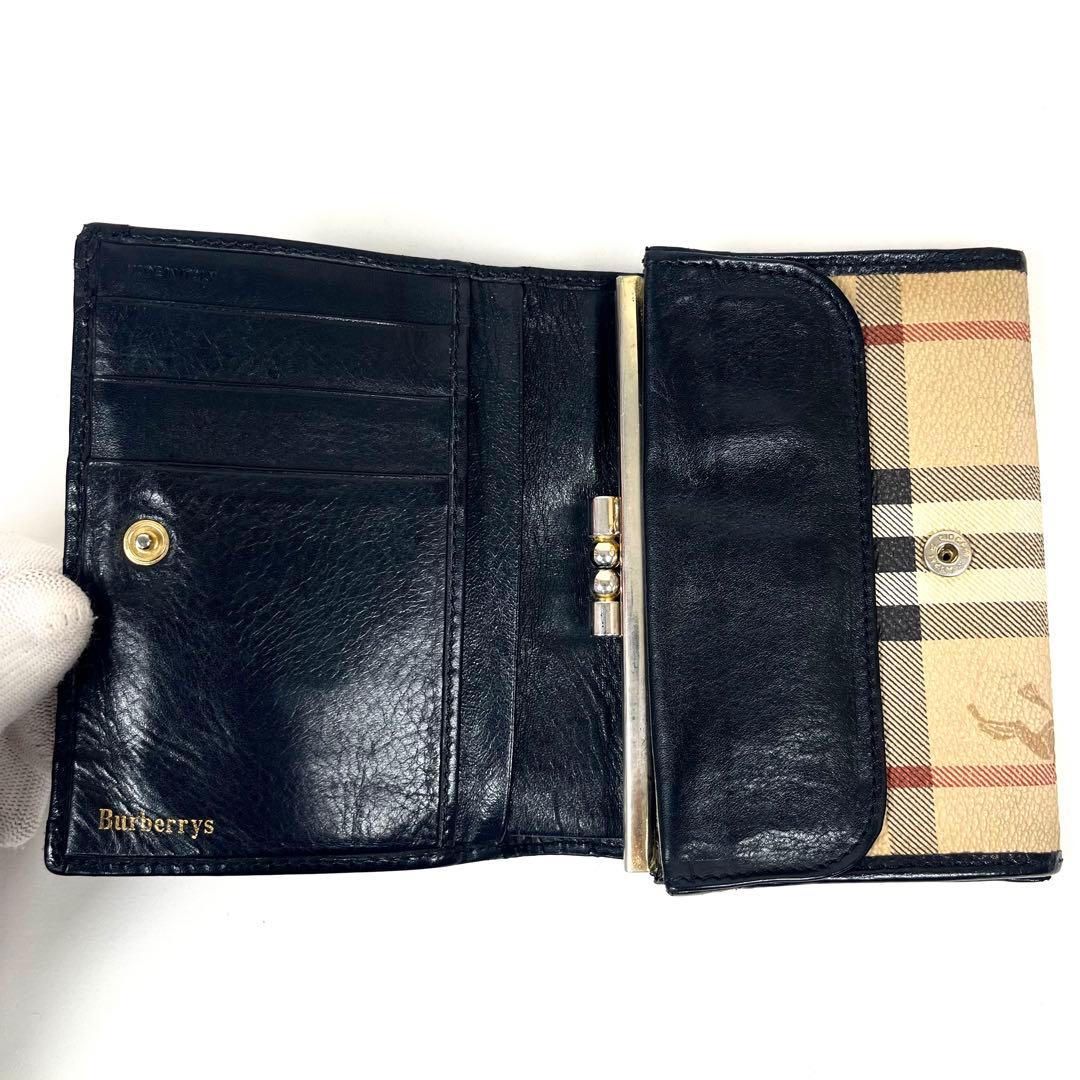 バーバリー　二つ折り財布　ノバチェック　ホースロゴ　プレート　がま口　レザー　美