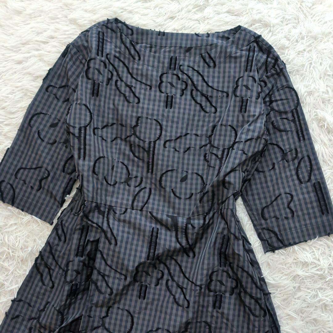 現行 イッセイミヤケ チェック 立体刺繍 フレアワンピース 七分袖 2