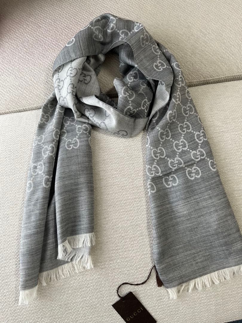 【美品】グッチ Gucci GG柄 ウールシルク ストール グレー