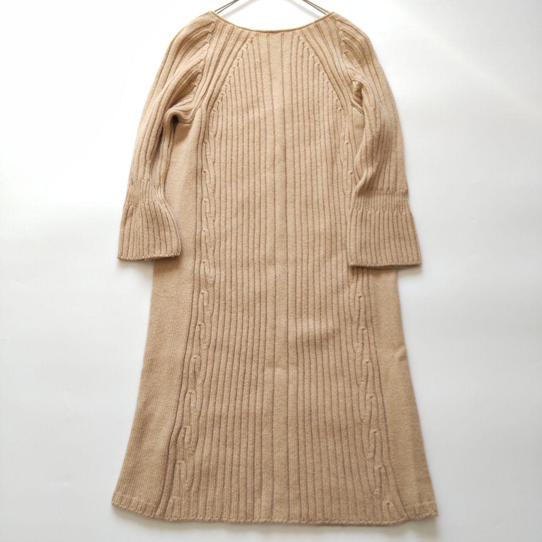 美品 エルメス キャメルヘア 100％ ケーブル ニット ベルスリーブワンピース