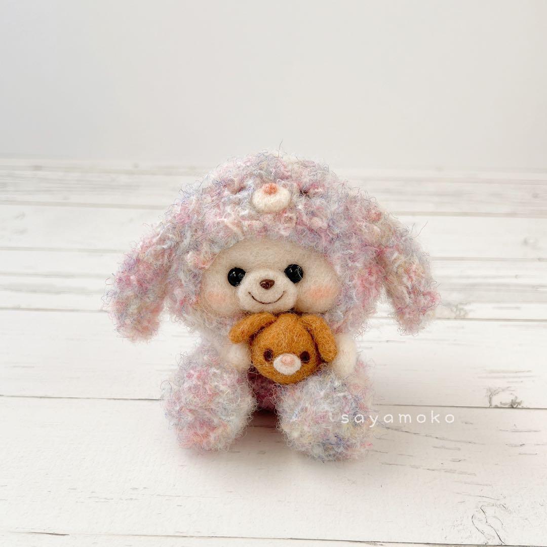 もこもこロップイヤーくまちゃん（ラベンダーピンク）　羊毛フェルト