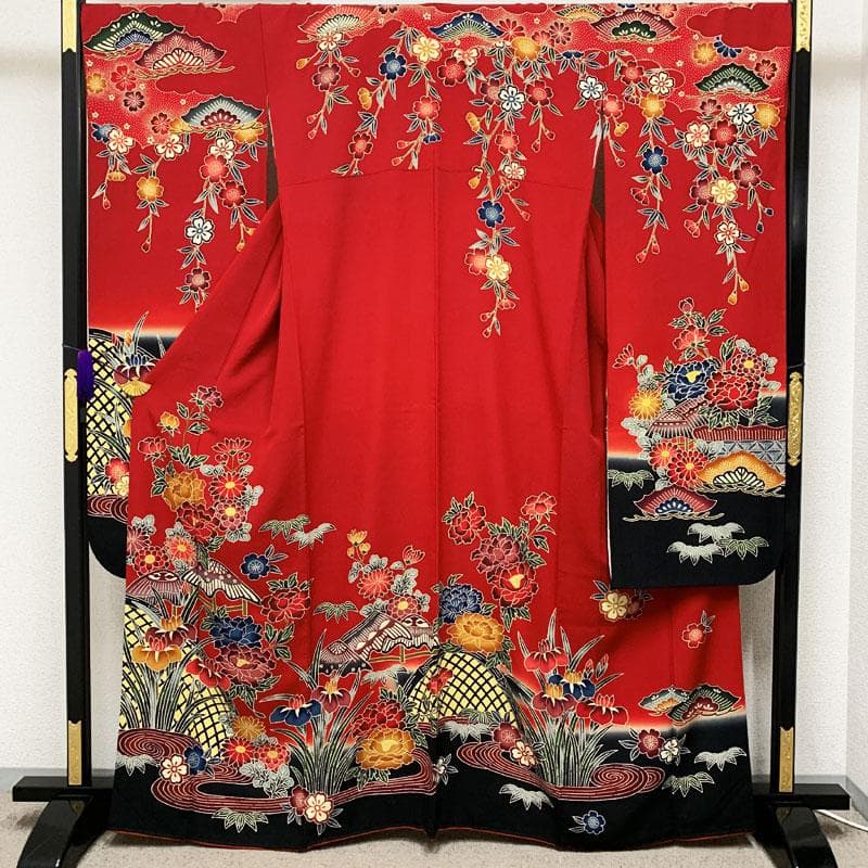 602z17,403y34,小物類☆紅型振袖 古典柄 松竹梅 赤黒☆美品 成人式